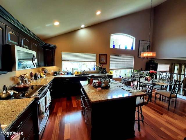 kitchen with appliances with stainless steel finishes, a kitchen bar, dark wood-style flooring, a kitchen island, and recessed lighting