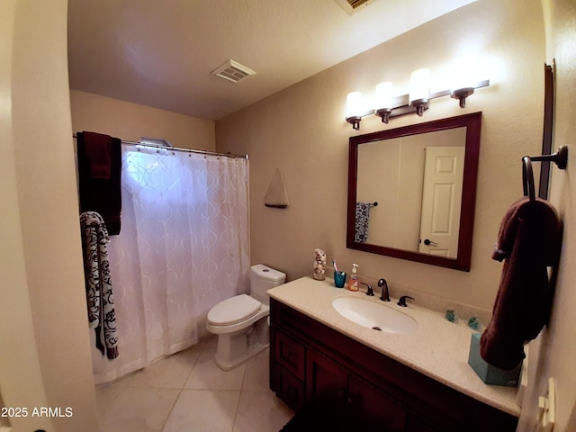 bathroom with curtained shower, tile patterned flooring, visible vents, toilet, and vanity