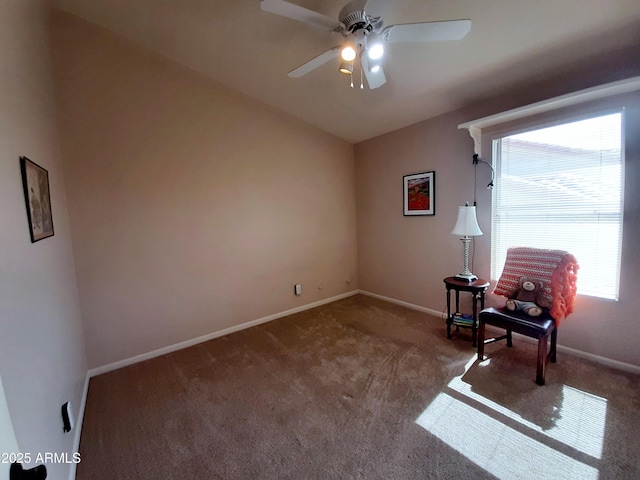 unfurnished room featuring ceiling fan, carpet floors, and baseboards