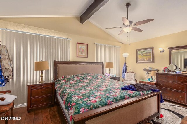 3121 W Greenway Rd, Phoenix, AZ 85053 - bedroom with a ceiling fan, vaulted ceiling with beams, and dark wood finished floors