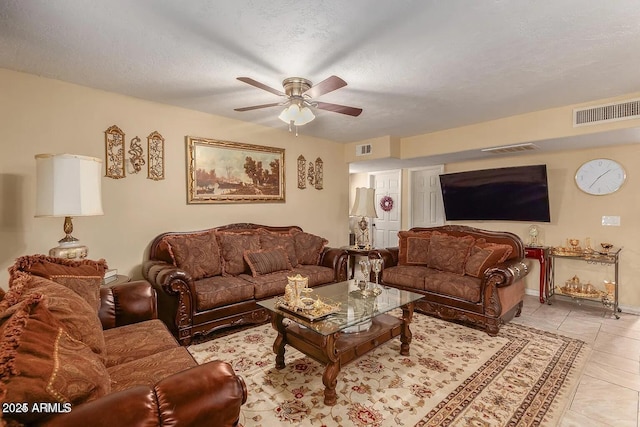 3121 W Greenway Rd, Phoenix, AZ 85053 - tiled living area featuring a textured ceiling, ceiling fan, and visible vents