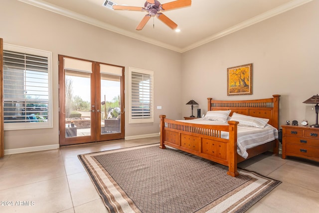 tiled bedroom with crown molding, ceiling fan, access to exterior, and french doors