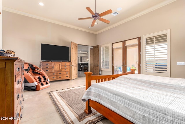 bedroom with crown molding, ceiling fan, and french doors