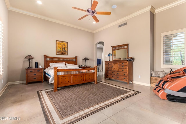 bedroom featuring ceiling fan and ornamental molding