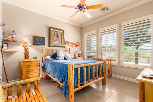 bedroom with ornamental molding and ceiling fan