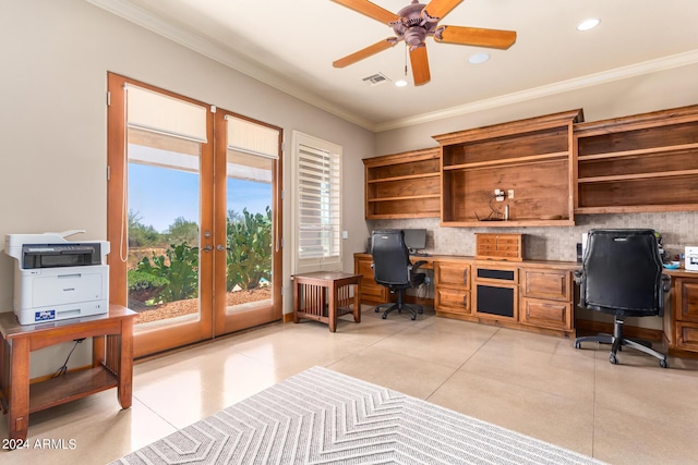 office area featuring french doors, ornamental molding, built in desk, and plenty of natural light