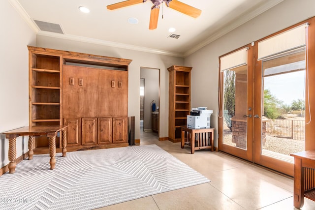 bedroom featuring access to outside, ornamental molding, french doors, and ceiling fan