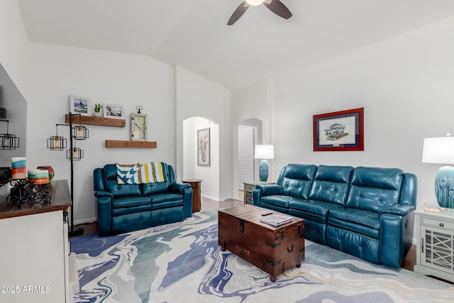 1341 E Bellerive Dr, Chandler, AZ 85249 - living room featuring ceiling fan, lofted ceiling, and arched walkways