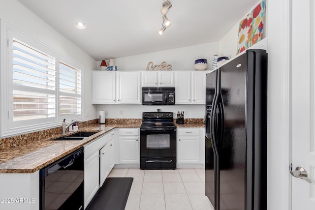1341 E Bellerive Dr, Chandler, AZ 85249 - kitchen featuring black appliances, light tile patterned floors, white cabinetry, and dark stone countertops
