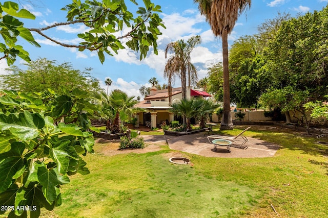 view of yard with a patio and an outdoor fire pit