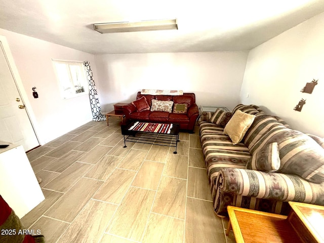 living area featuring wood tiled floor