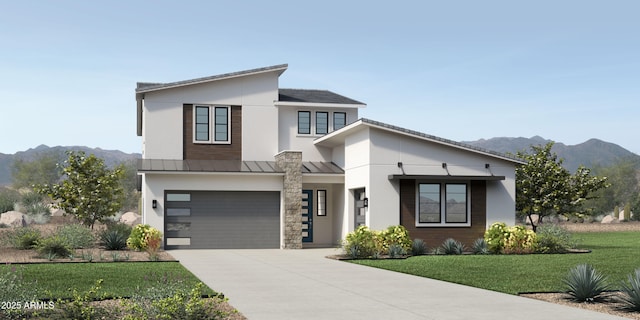 modern home featuring a garage, a mountain view, and a front lawn