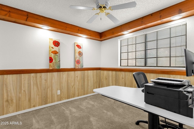 3491 N Arizona Ave Unit 118, Chandler, AZ 85225 - carpeted home office featuring a textured ceiling, wooden walls, ceiling fan, and wainscoting