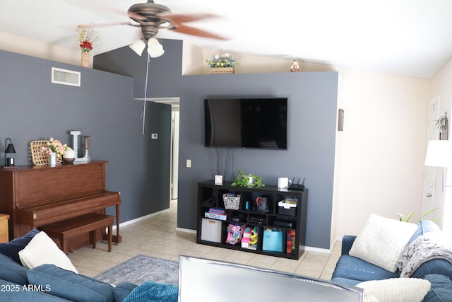 4767 W Wahalla Ln, Glendale, AZ 85308 - tiled living area with ceiling fan and vaulted ceiling