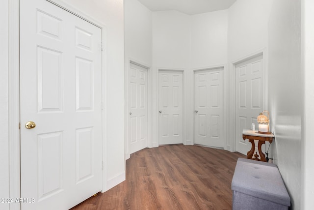 hall with a towering ceiling and dark hardwood / wood-style floors