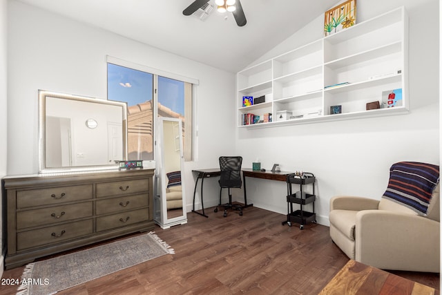 office area featuring ceiling fan, dark wood-type flooring, and vaulted ceiling