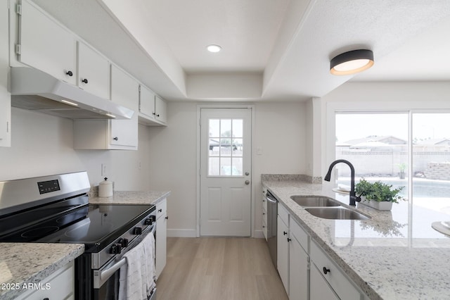 14803 N 55th Ave, Glendale, AZ 85306 - kitchen with white cabinets, a sink, light wood-type flooring, under cabinet range hood, and stainless steel appliances