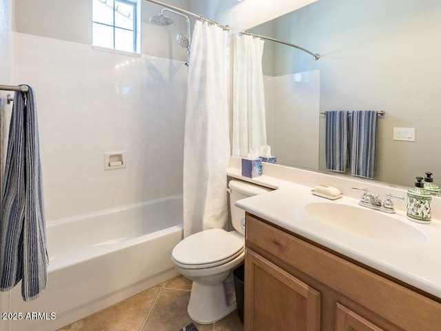 bathroom featuring vanity, shower / tub combo, tile patterned flooring, and toilet