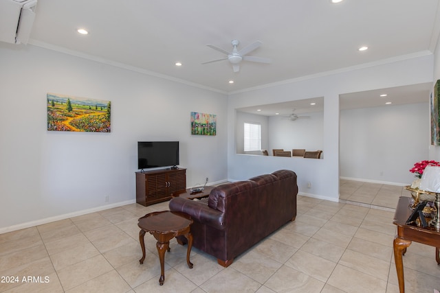 tiled living room with crown molding and ceiling fan