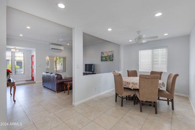 dining area with crown molding, a wall unit AC, light tile patterned floors, and ceiling fan