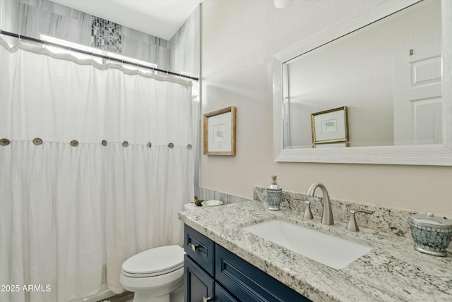 bathroom featuring vanity, toilet, and a shower with shower curtain