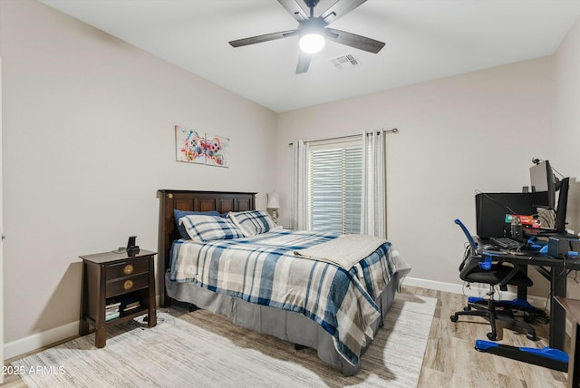 bedroom featuring light hardwood / wood-style flooring and ceiling fan