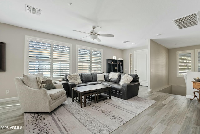 living room featuring light wood-type flooring, baseboards, and visible vents