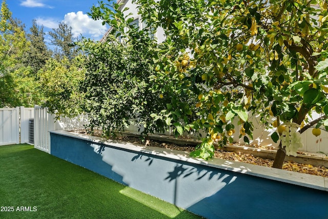 view of pool featuring a yard and a fenced backyard