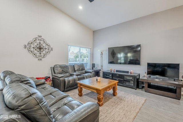 living room with light hardwood / wood-style flooring and high vaulted ceiling