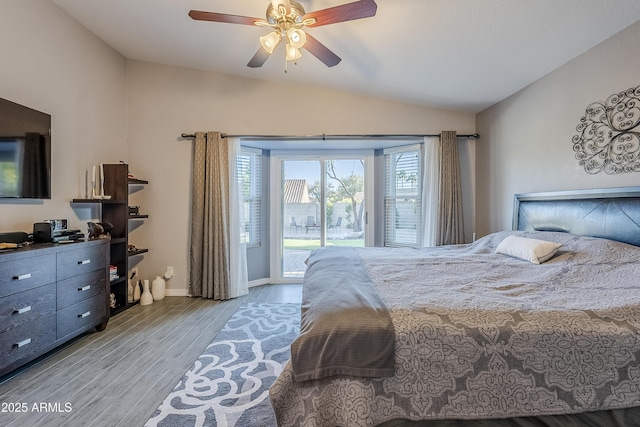 bedroom with lofted ceiling, access to outside, light hardwood / wood-style floors, and ceiling fan