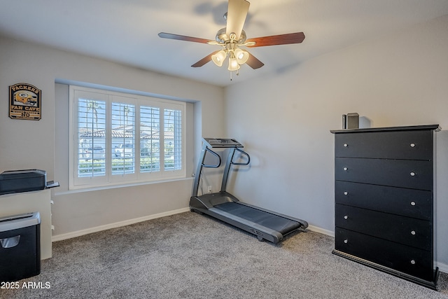 workout area featuring ceiling fan and carpet flooring