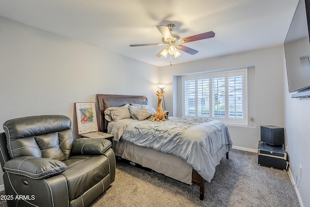 bedroom with ceiling fan and light carpet