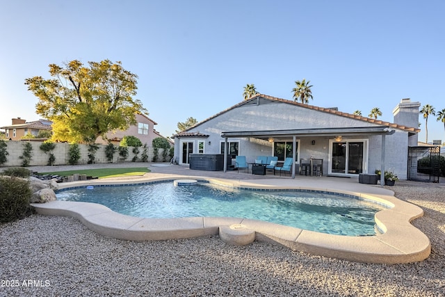 view of swimming pool featuring an outdoor hangout area, a patio area, a hot tub, and central air condition unit