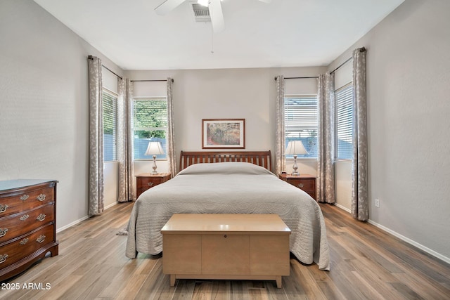 bedroom featuring ceiling fan and light hardwood / wood-style floors