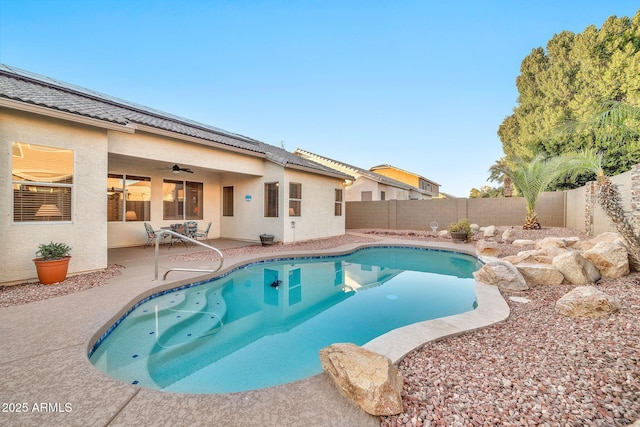 view of swimming pool featuring a patio area and ceiling fan