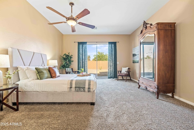 carpeted bedroom featuring access to exterior, lofted ceiling, ceiling fan, and baseboards