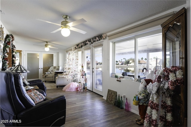 living room with french doors, ceiling fan, and dark wood-type flooring