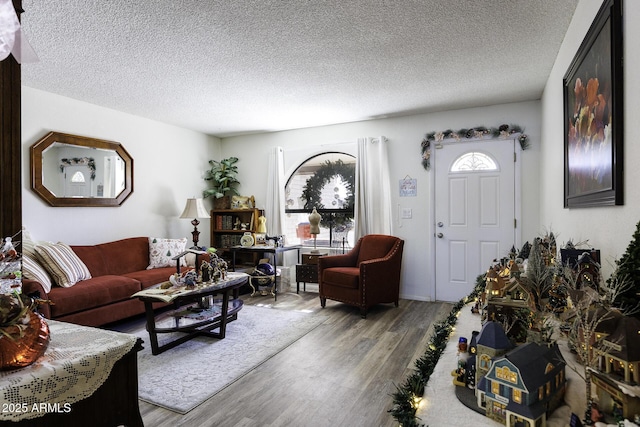 living room with a textured ceiling and light hardwood / wood-style flooring