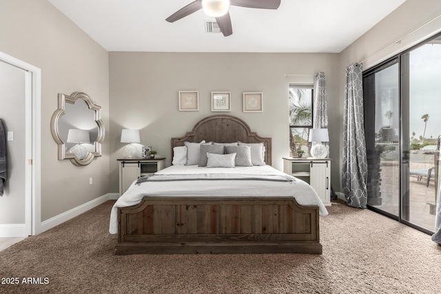 bedroom with carpet, visible vents, baseboards, ceiling fan, and access to outside