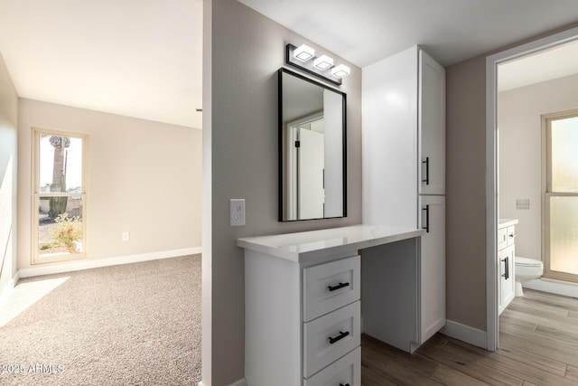 bathroom featuring toilet, hardwood / wood-style floors, and vanity