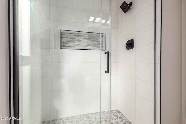 bathroom featuring a shower with shower door