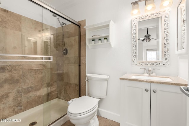 bathroom with vanity, tile patterned flooring, a shower with shower door, and toilet