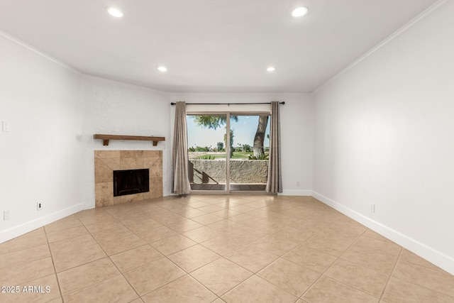 unfurnished living room with light tile patterned floors and ornamental molding