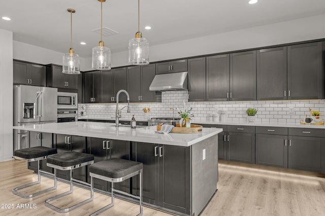 10127 E Tillman Ave, Mesa, AZ 85212 - kitchen with appliances with stainless steel finishes, under cabinet range hood, a sink, light wood-type flooring, and a breakfast bar area