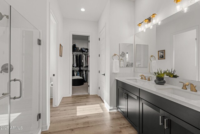 10127 E Tillman Ave, Mesa, AZ 85212 - bathroom featuring a shower stall, wood finished floors, double vanity, and a spacious closet