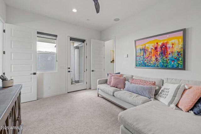 10127 E Tillman Ave, Mesa, AZ 85212 - living area with light carpet, baseboards, ceiling fan, and recessed lighting
