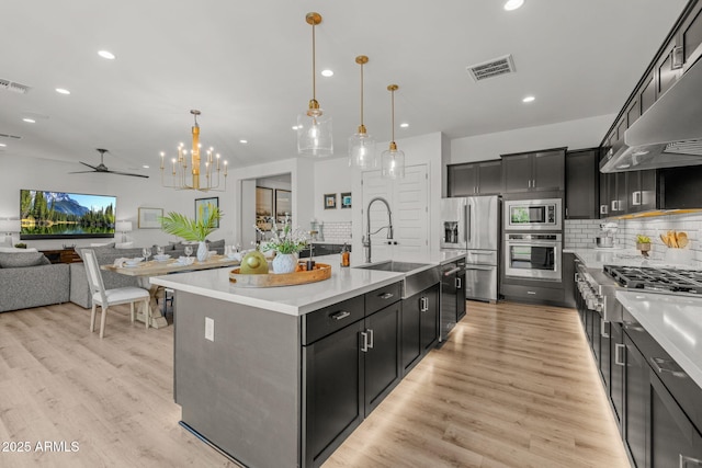 10127 E Tillman Ave, Mesa, AZ 85212 - kitchen with stainless steel appliances, a sink, light countertops, open floor plan, and a ceiling fan