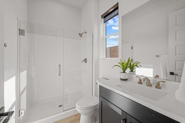 10127 E Tillman Ave, Mesa, AZ 85212 - bathroom with toilet, a shower stall, wood finished floors, and vanity