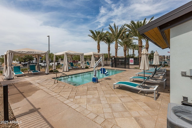 10127 E Tillman Ave, Mesa, AZ 85212 - community pool featuring a pergola, central air condition unit, fence, and a patio area