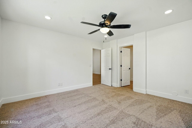 unfurnished bedroom with baseboards, carpet floors, recessed lighting, and ceiling fan